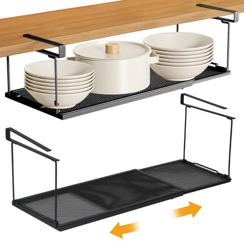 Cestello Portaoggetti Sotto Il Ripiano, Cesto Portaoggetti Estensibile Sotto Mensola, Organizer Dispensa Multifunzionale Cesto sotto Ripiano per Cucina, Ufficio, Dispensa, Bagno, Armadio(Nero)
