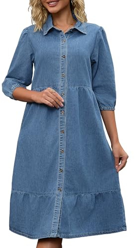 CIMUK Women's Denim Dress 3/4 Sleeve Button Down Collar A Line Swing Tiered Midi Jean Dresses Large Light Blue