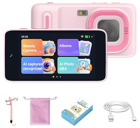 Gimywit AI Kids Camera for 3–11 Year Old Boys and Girls, AI Learning Digital Video Camera with with Object Recognition, Best Birthday, WiFi Kids Toy Camera 16GB (Pink)