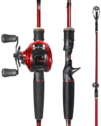 Sougayilang Twin-Tip Fishing Rod and Reel Combo，Baitcaster Combo,2-Piece M/MH Fishing Pole,Lightweight Aluminum Spool Reel,Stainless-Steel Guides & Ergonomic Cork Grip-RED