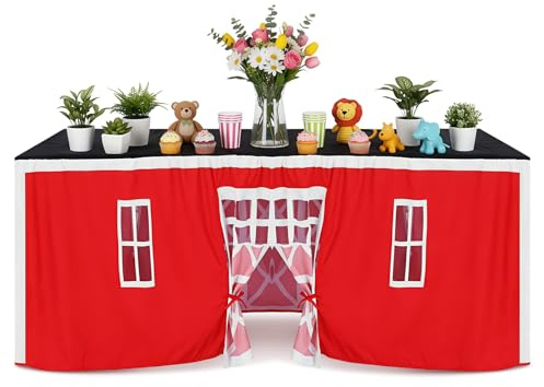Oudain 10ft x 7.5ft Large Tablecloth Playhouse for Kid Table Fort Cover Table Cloth Tent Playhouse for Dining Room Birthday Indoor Outdoor Party Playground (Blue Red Colors, Farm Style)