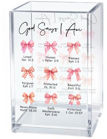Gkodw God Says I Am Loved Acrylic Bible Cosmetic Organizer Pen Holder, Funny Christian Acrylic Pencil Pen Holder for Desk, Religious Gifts for Women Coworker Teacher, Bible Verse Pencil Cup for Friend