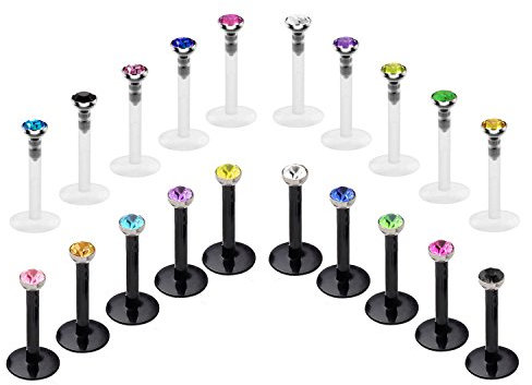 FECTAS 20 Stück Lippenpiercing Labret Monroe Set Bioflex Flexibel Ohr Tragus Helix Ohr Piercing 6mm 8mm, Kunststoff, Zirkonoxid