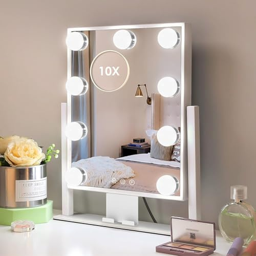 Kottova Makeup Mirror with Lights, 14 x 12 Vanity Mirror, Lighted Makeup Mirror with 3 Color Dimmable Lighting & Touch Sensor, Detachable 10X Spot Mirror, White