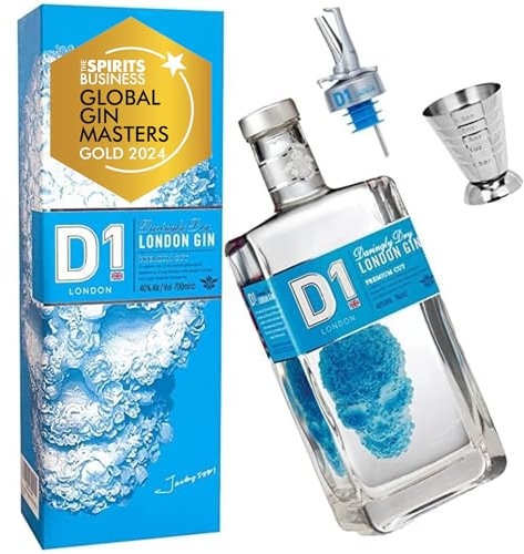D1 London Dry Gin 70cl 40% ABV with Jigger & Pourer – 2025 GinGuide Gold Martini Award – Traditional Juniper Lead, Citrus Style & Nettle Undertone Premium Gin Gift Set for Men & Women