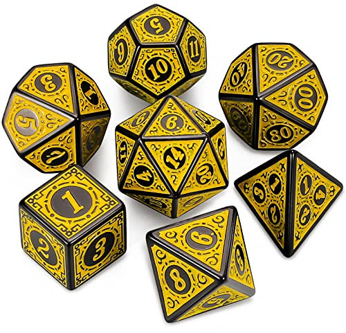 QMAY DND Dice Polyedrisches Würfel Set - 7 Stück für Dungeon und Dragons MTG RPG D&D D20, D12, D10, D%, D8, D6, D4 (Gelbe Gravurmuster)