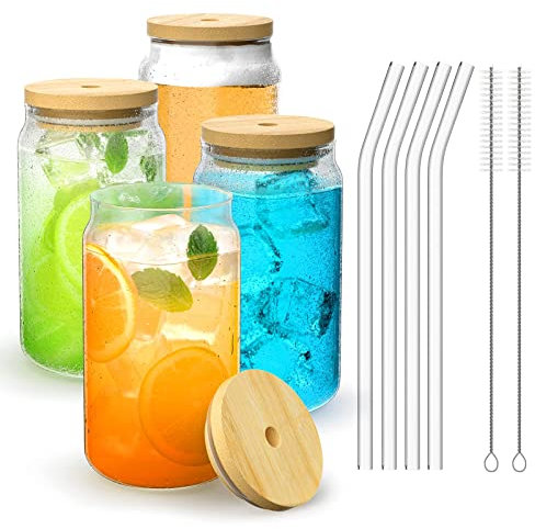 FINEW Gläser mit Deckel und Strohhalm 4 Stück, 16oz/450ml Eiskaffee Gläser, Cocktailgläser, Iced Coffee Glas, Trinkgläser mit Deckel und Strohhalm für Bubble Tea, Cola, Biergläser, Camping, Party