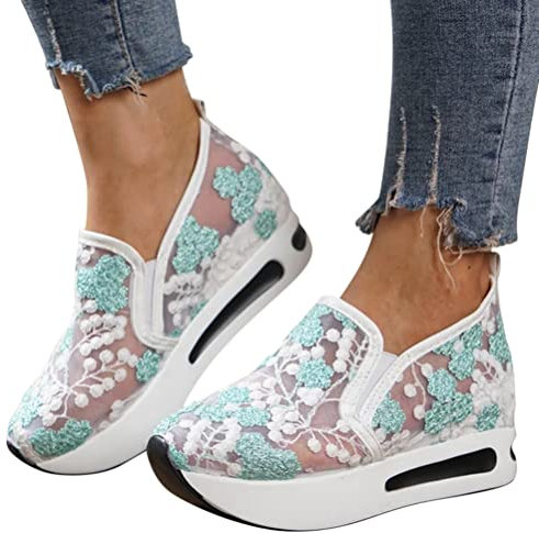 Minetom Sneaker Damen Pailletten Keilabsatz Schuhe Atmungsaktive Ausgeschnittene Spitze Stoffschuhe Frauen Laufschuhe Sommer Outdoor Slip On Walkingschuhe Glitzer Loafers E Grün 39 EU