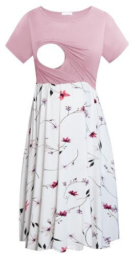 Smallshow Damen Lässiges Kurzarm Stillkleid Umstandskleid für Stillen Pink-SVP033 Medium