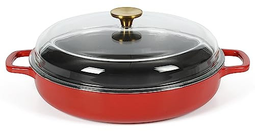 Sur La Table Kitchen Essentials 3.75 Quart Enamel Cast Iron All In One Multi-Purpose Non-Toxic Nonstick Braiser Pan W/Borosilicate Glass Lid - Red