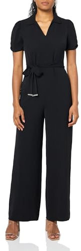 DKNY Damen Belted Desk to Dinner Polo Collar Ruched Sleeve Kleid, Schwarz, 44