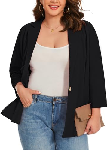 LADI TREND Womens Plus Size Black Blazers Jackets for Womens UK 3/4 Sleeve Summer Lightweight Casual Business Suit Blazer for Meeting Dating (Black 3XL)
