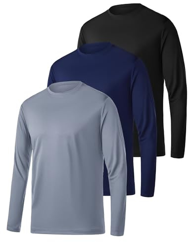 3 Pack Mens Quick Dry Long Sleeve T Shirt Breathable Running Sport Gym Tops UV Sun Protection Hiking Fishing Casual T-Shirt Black/Navy/Grey XL