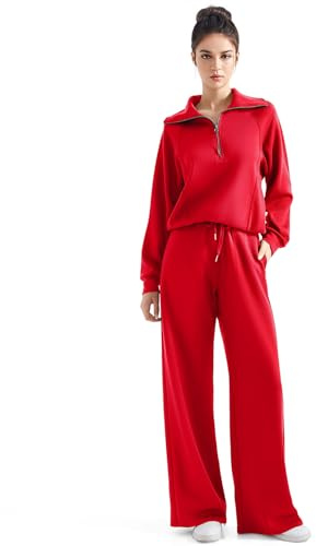 SUUKSESS Women 2 Piece Lounge Matching Sets Wide Leg Sweatpants Half Zip Oversized Sweatshirts (Red, M)
