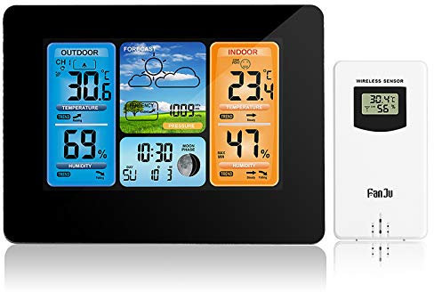 ALLOMN Weather Stations Wireless with Indoor Outdoor Sensor, LCD Digital Weather Station with Alert/Temperature/Humidity/Barometric/Forecast/Moon Phase/Alarm Clock for Home Office Garden (RF Black)