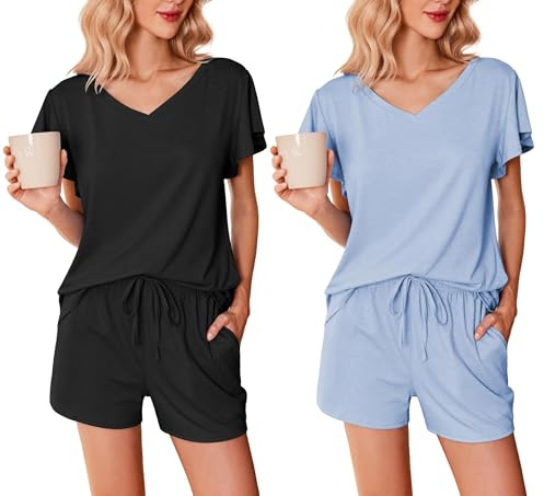 Ekouaer Pyjamas For Women 2 Pack Nightwear Sommer Pjs Sets Ruffle Sleeves Top and Shorts Loungewear,Black + Light Blue, L