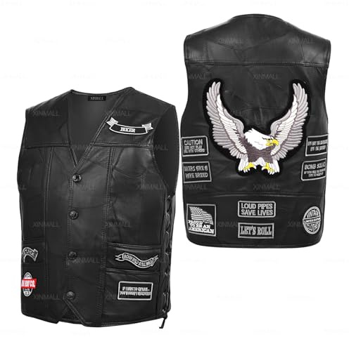XINMALL Motorcycle Genuine Leather Biker Vest for Men Club Style Classic Black With Patches (US, Alpha, X-Large, Regular, Regular, Black)