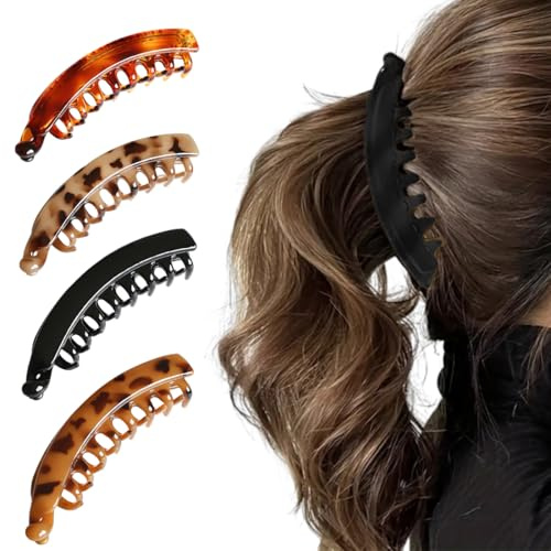 THXFUNAREA Banana Clip,4 pinzas para el cabello de plátano,peines grandes vintage de plátano,Clip de cola de caballo,peine de cola de pez,Para mujeres y niñas