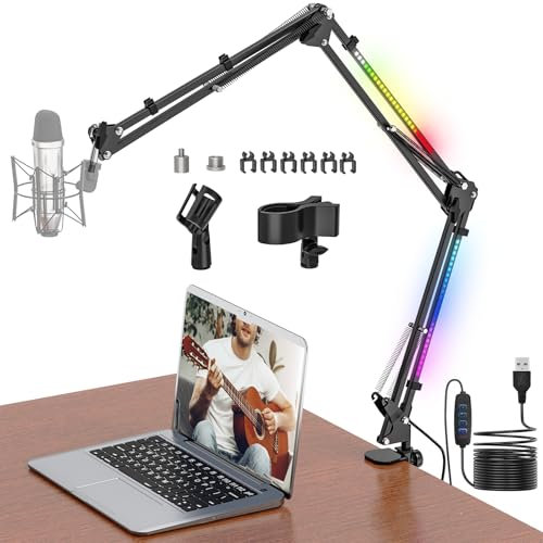 Jubor Desk Microphone Boom Arm, Table Microphone Arm Stand with RGB Light, Adjustable Mic Mount Suspension Holder with 3/8 to 5/8 Screw, Perfect for TikTok Live-Streaming, Singing