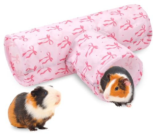 JarThenaAMCS Guinea Pig Tunnel 3 Way Washable Guinea Pig Hideout Pink Bow Foldable Rabbit Tunnel Small Animal Toy for Bunny Hamster Chinchilla Ferret Accessory