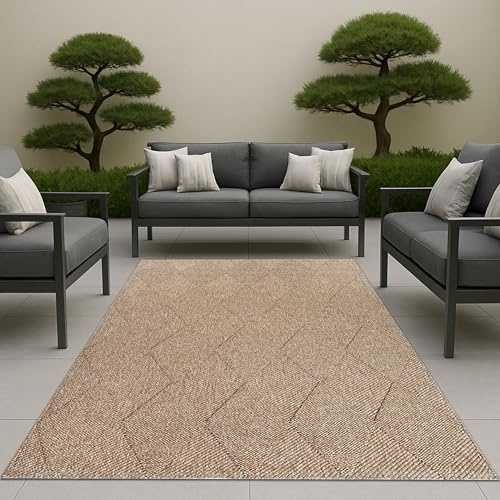 CARPETIA In & Outdoor Teppich für Balkon Terrasse Wohnzimmer mit Jute Optik und Strukturmuster robust pflegeleicht beige 200 x 280 cm