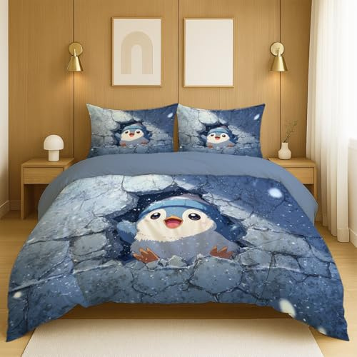Juego de Cama de Tres Piezas Comodidad Incluye 2 Fundas de Almohada de 80 x 80 cm y 1 Colcha de 180x200 cm., Azul Agua Anime Animales Pingüino