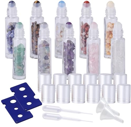 GBKDQQ 20 stycken rulle on flaska tom 10 ml för eterisk olja, rollon-flaskor för oljor 10 ml med naturliga ädelstenar, deoroller för fyllning för parfymer, gåva