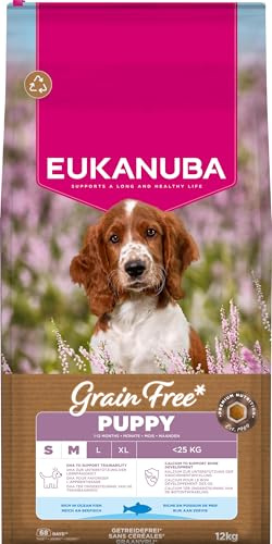 Eukanuba Valpfoder spannmålsfritt med fisk för små och medelstora raser, premium torrfoder utan spannmål för junior hundar, 12 kg