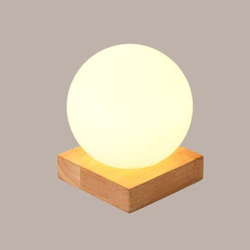 OOWDMPE Vintage Holz Tischlampe mit Kabel E27 Retro Tischleuchte Glas Lampenschirm Landhausstil Nachttischlampe Minimalistische Kleine Lampe für Wohnzimmer Schlafzimmer（mit Leuchtmittel） (Kugel)