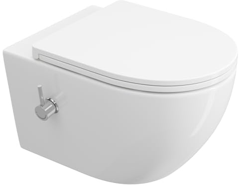 WC senza bordi con ugello integrato, Taharet WC con rubinetto ad acqua fredda/calda, sospeso WC rotondo da parete con nano, WC con coperchio con abbassamento automatico, WC con funzione bidet