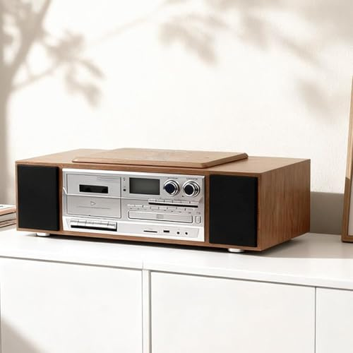 Reproductor de CD de escritorio con reproductor de casete retro, altavoces estéreo duales integrados, pantalla LCD, Bluetooth 5.0, reproducción USB, entrada AUX y control remoto, sistema de música 5