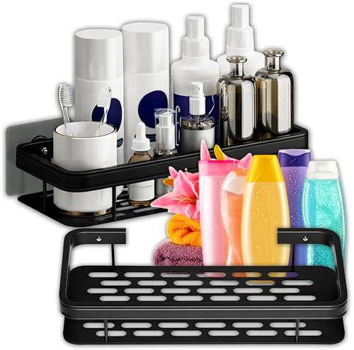 KRUMAD Duschablage ohne Bohren, 2er Set Duschregal ohne Bohren zur Wandmontage, Badezimmer Organizer für Shampoo und Duschzubehör, Selbstklebende Duschablage Schwarz für Bad und Dusche, 30x13x5 cm