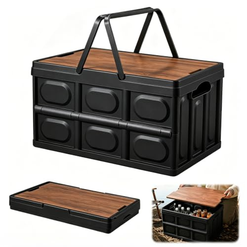 Zinueen Caja de camping plegable estable con tapa, 30 litros, 43 x 30 x 24 cm, organizador para maletero plegable y cesta de picnic, resistente caja de almacenamiento de PP con tapa de madera (negro)