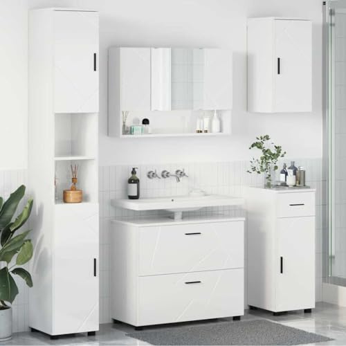 Traylux Badrumsmöbelset 5 delar högglans vit plywood metall modern design gott om lagringsutrymme inklusive spegelskåp tvättställsunderskåp högskåp för elegant badrumsdesign