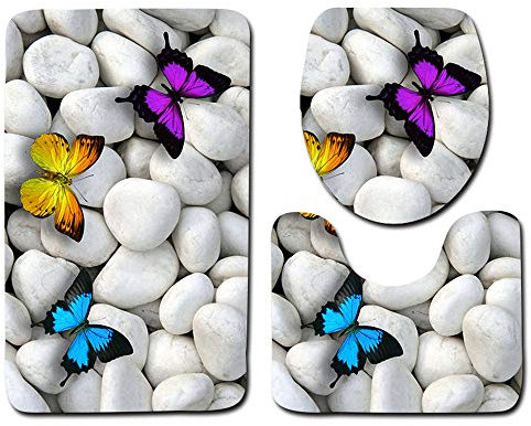 EU-VV Badematte 3 Stück Anti Slip Schnell Trocknende Badematte + Contour Rug + Deckel WC-Abdeckung Strandmuschel (Schmetterling)