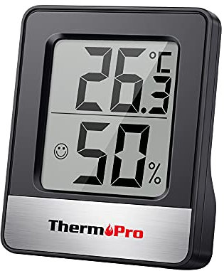 ThermoPro TP49B digitales Mini Thermo-Hygrometer Thermometer Hygrometer innen Temperatur und Luftfeuchtigkeitmessgerät mit Smiley-Indikator für Raumklimakontrolle, Schwarz