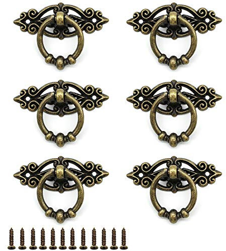 Dylan-EU 6 Pcs Antique Ring Pull Handle with Screws Cabinets Kitchen Wardrobe Drawer Cupboard Vintage Furniture Hardware Vintage Pull Ring Retro Knob - Antique Brass