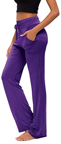 OURCAN Damen Yoga Hose Mit Taschen Breites Bein Kordelzug Lose Gerade Lounge Laufen Workout Modale Hose Aktive Freizeit Jogginghose (Dunkelviolett, 2XL)