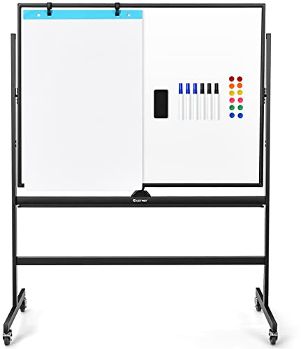 COSTWAY Lavagna Bianca Magnetica Mobile, Lavagna Cancellabile con Altezza Regolabile Girevole a 360°, con 4 Ruote Bloccabili, Doppia Faccia, 90 x 120 cm
