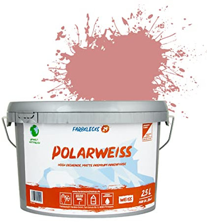 Farbklecks24 Polarweiss Color (versch. Farben) premium Wandfarbe, weiss, sehr hohe Deckkraft, Wandfarbe, Deckenfarbe, Deckkraft Klasse 1, Nassabrieb Klasse 2 (2,5L, Rot 3-2)