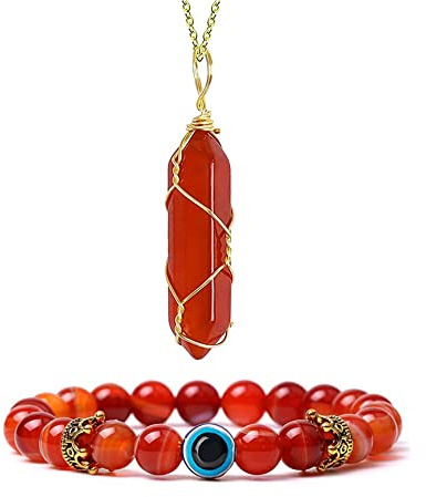 Carnelian Necklace Bracelet Healing Crystal Necklace Wire Wrapped Hexagonal Quartz Point Pendant Necklace Red Agate Beads Bracelet Stretch for Women Natural Gem Energy Jewelry Set 2Pcs, Zinc, No