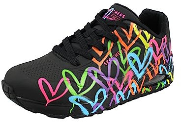 Skechers Damen UNO Highlight Love Sneaker, Duraleather Bla mit Herzmuster, Schwarz und Mehrfarbig, 40 EU