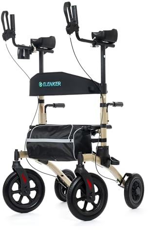 ELENKER All-Terrain Upright Rollator Walker, Stand up Rolling Walker with Seat, 12” Non-Pneumatic Tire Wheels, Compact Folding Design for Seniors, Champagne
