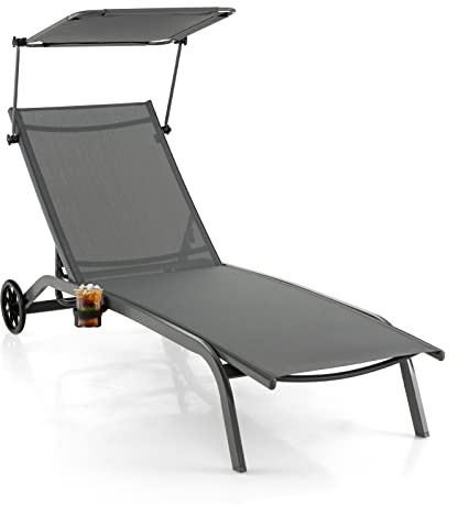 GIANTEX Tumbona con Parasol, Silla de Relajación con Respaldo Ajustable en 6 Posiciones, Tumbona Reclinable con Ruedas y Portavasos para Piscina, Jardín, Terraza (Gris)