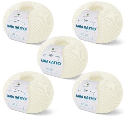 Ovillos para tejer, 100% Pura Lana Merino Virgen Extrafina de Lana Gatto. Línea infantil Baby Soft, lana natural para bebé con Aloe Vera, 250 g. 850 mt, (Blanco Natural - 978, 5)