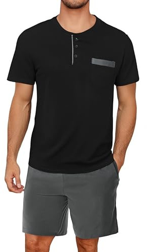 Aseniza Pyjama Homme Court Coton à Manches Courtes Ensembles de Pyjama Col Rond avec Bouton Été Tenues de Nuit Vêtements de Nuit Vêtement d'Intérieur Vêtements de Détente Ete Doux Loungewear Noir M