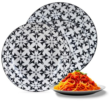 Avilia Servicio de platos de 18 piezas de porcelana Resistemte Fantasía blanco y negro – Ideal para 6 personas para servir primero, segundo y postre – Juego compuesto por platos llanos, hondos y