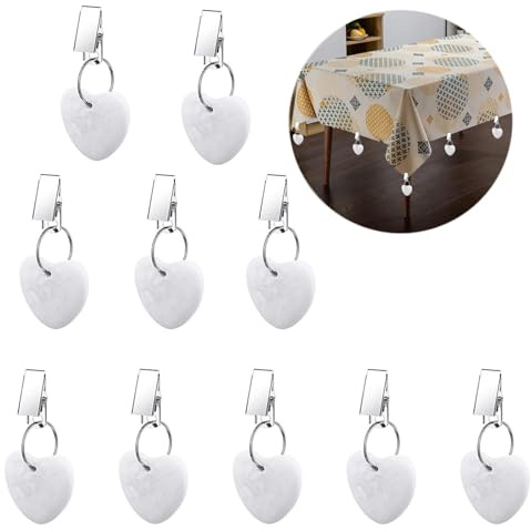 ZVO 10 fermacavovaglia, pesi per tovaglia con clip per esterni, in pietra naturale con clip per tavoli in giardino, picnic, feste, cucina, sala da pranzo (cuore)