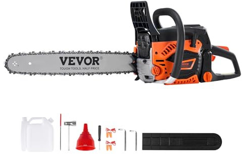 VEVOR Motosierra de Gasolina con Guía de Cadena 45,7 cm Inalámbrica 52CC 2,55HP para Corte de Ramas de Árboles, Poda de Árboles, Limpieza de Terrenos, Corte Forestal en Granjas, Jardines, Ranchos