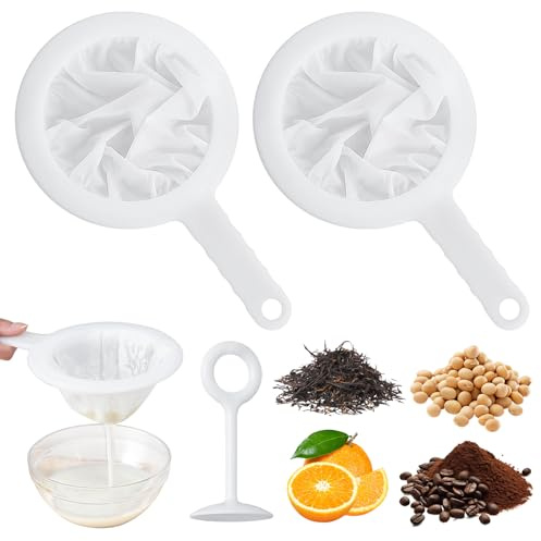 Confezione da 5 colini da cucina in rete di nylon ultra fine con mini barra in plastica, setaccio in plastica a maglia fine, cucchiaio filtrante per latte di soia, caffè, latte, yogurt, succo, kefir,